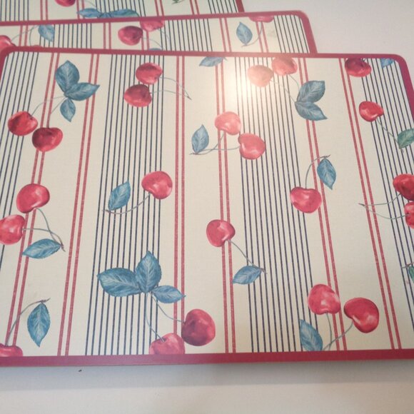 Retro Cherry Placemats Set of 4 With Cork Backing Red Stripes and Leaves - Picture 2 of 8